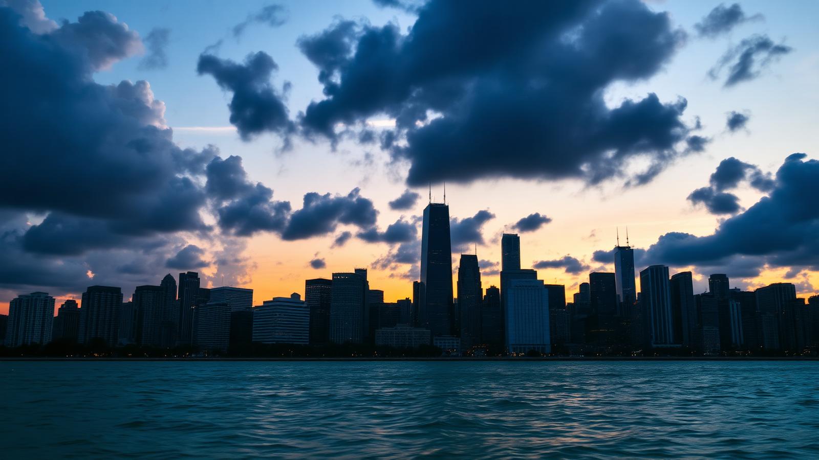 Chicago skyline from Lake Michigan under dramatic clouds