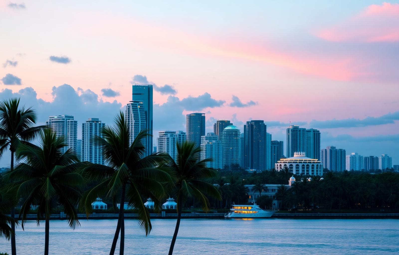 Miami skyline at dusk with palm trees and Biscayne Bay in soft pastel light