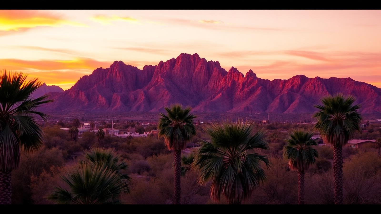 Camelback-style mountains and desert palms at sunset over Phoenix
